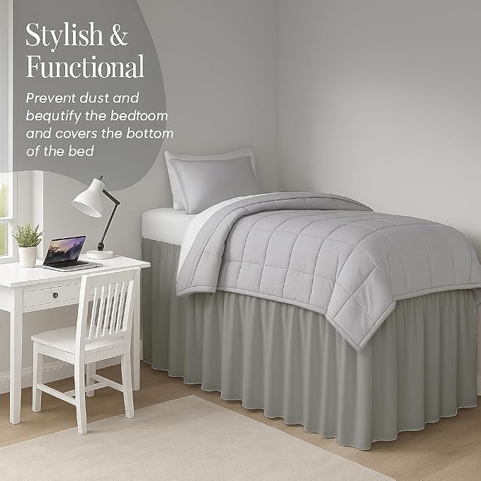 Cottingon Dorm Bed Skirt Twin XL 32" with Split Corners, 100% Microfiber Soft and Stylish, College Room Essential, Extra Long Dust Ruffle for Extended Beds, Light Grey