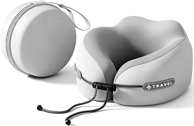 Travel Neck Pillow with Storage Case, 100% Pure Memory Foam, Airplane Head Support for Flight Sleeping, Portable, Gray (Gray Matching)