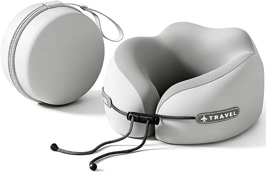 Travel Neck Pillow with Storage Case, 100% Pure Memory Foam, Airplane Head Support for Flight Sleeping, Portable, Gray (Gray Matching)