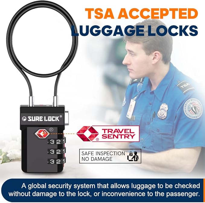 SURE LOCK TSA Approved Luggage Locks – 3-Digit Combination Cable Lock with Red Indicator, Large Dial & Easy-Press Button for Suitcases and Backpacks – Multi-Pack & Color Options