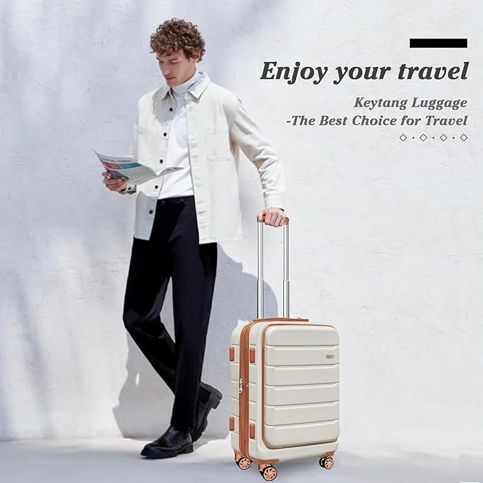 SmileLine 20 inch Carry-On, Lightweight Hardside Suitcase, Expandable Small Suitcase with Front Pocket, WhiteBrown