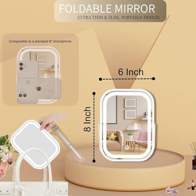 Vanity Mirror with Lights 6x8 Inch, Rechargeable Makeup Mirror for Desk, 3-Color Lighting & Touch Control Tabletop Mirror Lights, Portable Cordless Travel Mirror
