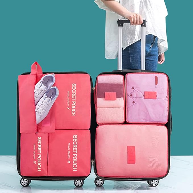 7 Set Packing Cubes Packing Organizers Travel Luggage Packing Organizers with Shoes Bag for Suitcase, Watermelon Red