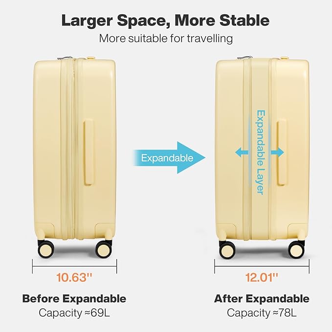 mixi 24 Inch Large Expandable Checked Luggage Suitcase with Spinner Wheels, Hardside Rolling Travel Suitcase PC with TSA Lock, Lark Yellow