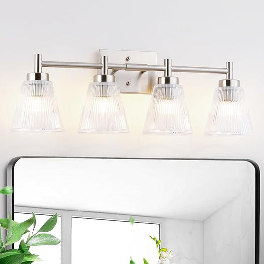 OCIOC 4-Light Vanity light fixtures, Brushed Nickel Vanity lights over mirror makeup light wall sconces with clear Striped glass shade, Bathroom lighting fixtures for Living room, Bedroom, Kitchen
