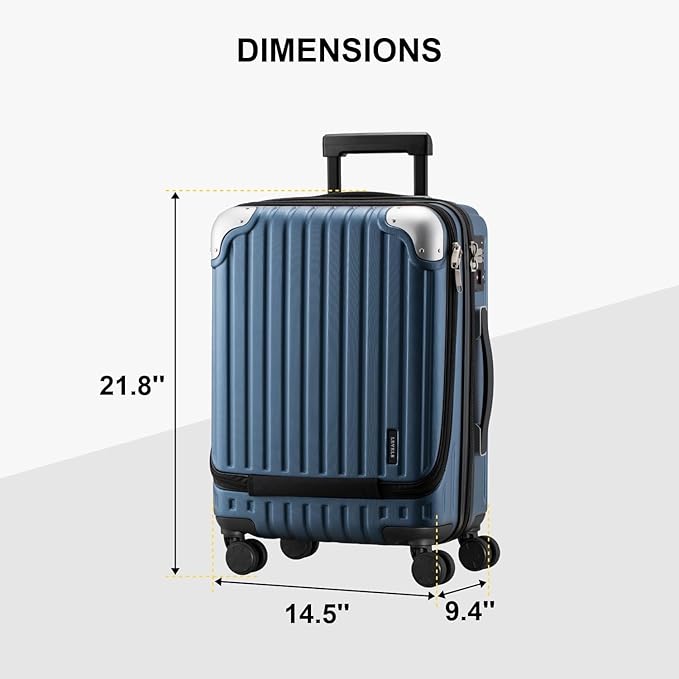 LEVEL8 Grace Carry on Luggage 22x14x9 Airline Approved, 20 Inch Hard Shell Suitcases with Spinner Wheels, Abs+Pc Hard Case Luggages with Tsa Lock for Airplane, Blue