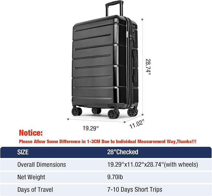 KYME 28 Inch Luggage with Wheels Hardshell Large Suitcase Lightweight Big Checked Luggage with TSA Lock Travel Rolling Suitcase for Women Men Black