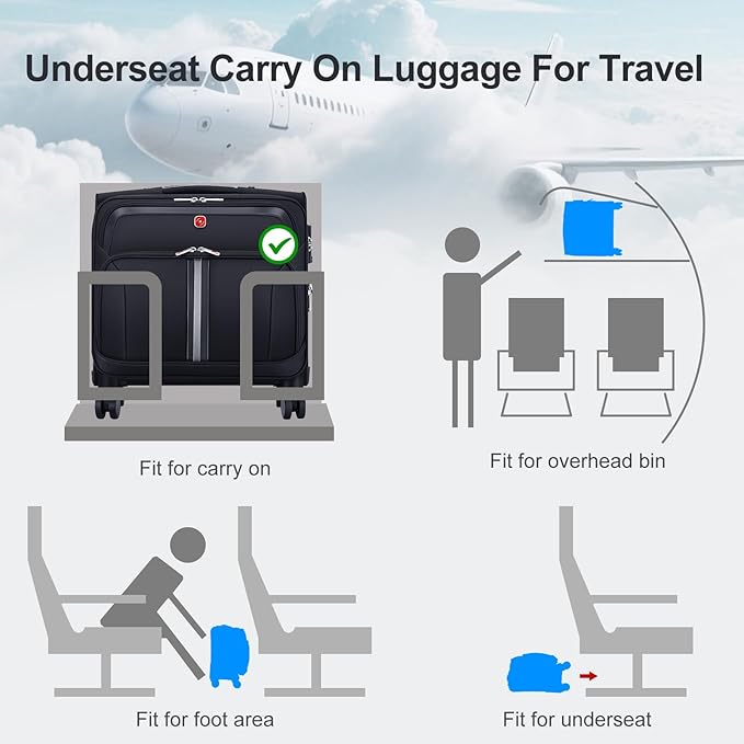 Underseat Carry-On Luggage Lightweight Rolling Tote Bag with 4 Spinner Wheels (Black, 16-Inch)