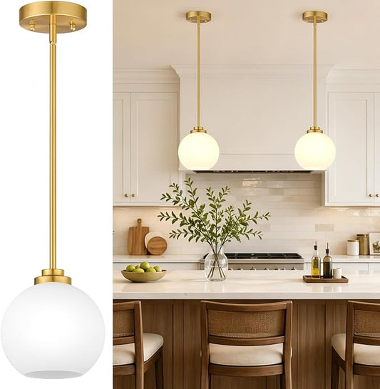 1 Pack Gold Globe Pendant Lights, Mid Century Gold Pendant Light Fixtures, Globe Pendant Lights Kitchen Island with Milk Glass Shade Adjustable Hanging Fixture for Dining Room (Bulbs not Included)