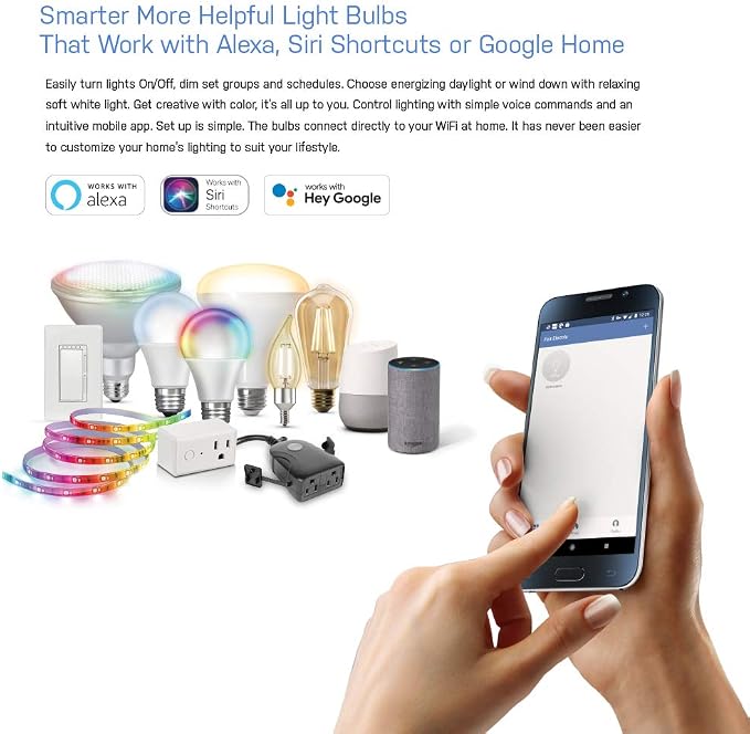 Feit Electric OM60/927CA/AG 60W Equivalent WiFi Dimmable, No Hub Required, Alexa Google Assistant A19 Smart LED Light Bulb, 4.4" H x 2.3" D, 2700K Soft White (Pack of 2)