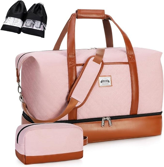Weekender Bags for Women, Travel Duffle Bag Carry On Travel Bag Overnight Bag with Shoe Compartment Toiletry Bag, Large Weekend Tote Bag Gym Bag Hospital Bag for Labor and Delivery, 50L Quilted Pink