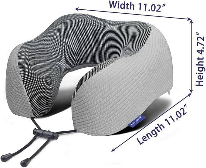 napfun Neck Pillow for Travel with Travel Pouch, Sleep Mask & Earplugs, Memory Foam Airplane Pillow for Headrest Sleep with Eyeshades, Plane Essentials with Eye Blindfold, Light Gray Striped Kit