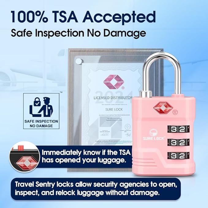 SURE LOCK TSA Approved Luggage Lock – 3-Digit Resettable Combination Padlock with Open Alert Red Dot, Large Easy-Read Dials for Suitcases, Backpacks, Gym & School Lockers(Pink 2 pk)