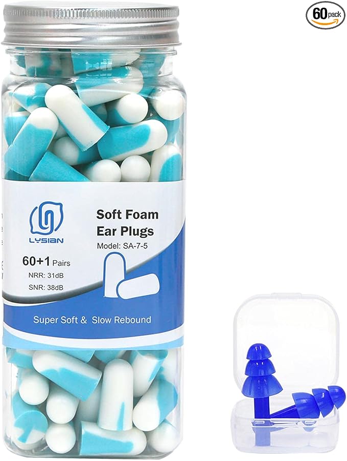 LYSIAN Ultra Soft Noise Cancelling Earplugs for Sleep, Disposable Foam Ear Plugs for Sleeping, Snoring, Shooting, Deep Focus & All Loud Sound - 60 Pairs|SNR 38dB Noise Reduction|Hearing Protection