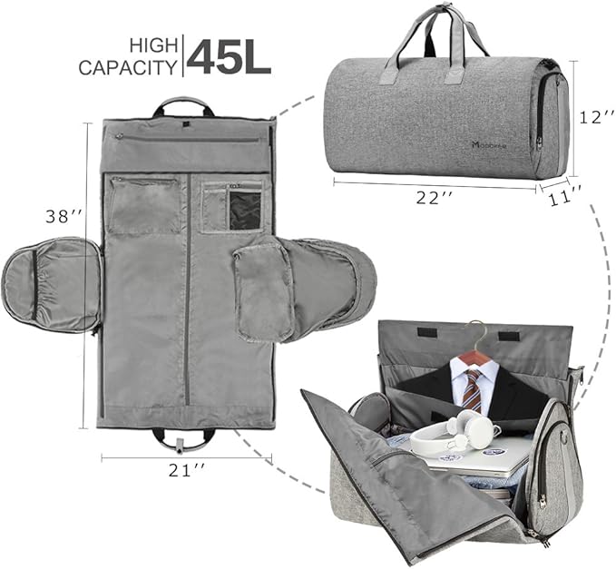 Modoker Convertible Garment Bag with Shoulder Strap, Carry on Garment Duffel Bag for Men Women - 2 in 1 Hanging Suitcase Suit Travel Bags, Grey