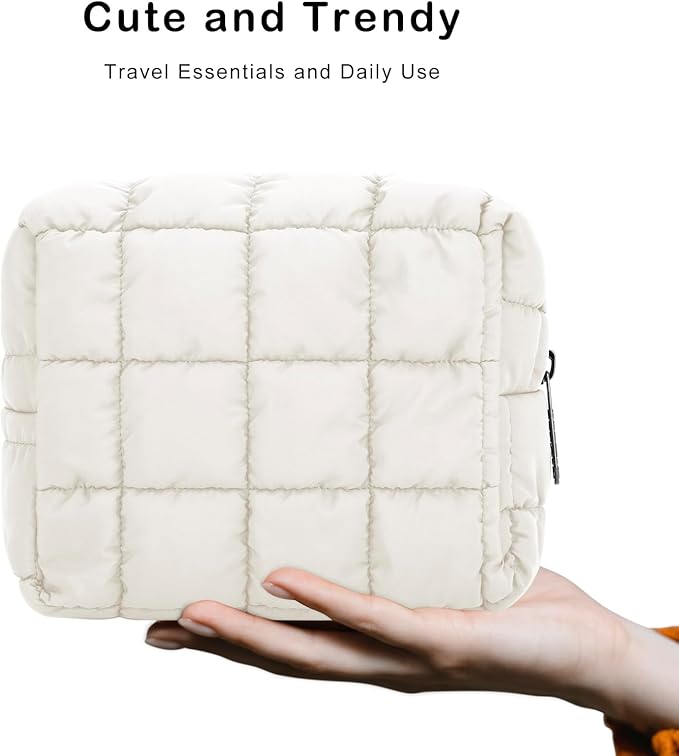 E-Tree Cute Makeup Bag,Quilted Cosmetic Bag,Make up Pouch for Purse,Toiletry Zipper Pouch,Checkered Bag,Travel Case,Storage Pouches for Organization (White)
