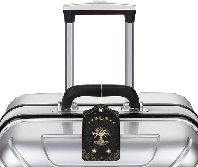 Magic Moon Tree Luggage Tags Set of 2 Leather Stainless Steel Loop Label Tag for Travel Bag Suitcase