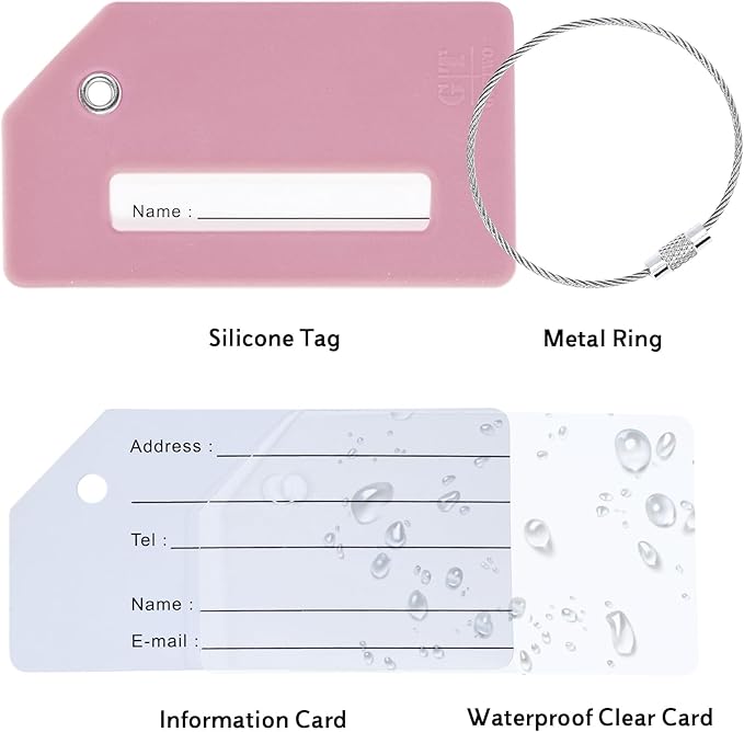 5 Pack Silicone Luggage Tag for Suitcases with Stainless Loop, TSA Approved, Privacy Protection Travel Essentials Bag Tags by Gostwo, Pink Champagne