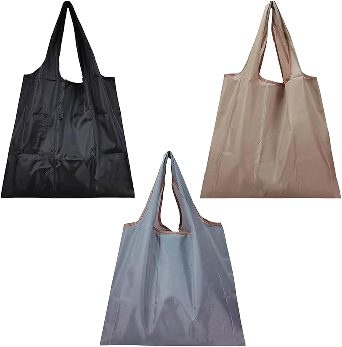 Foldable Shopping Bags, 3-Pack, 50lb Capacity Reusable Tote Bags with Handles, Machine Washable, Black Gray Beige | Folds to pocket size, Machine washable, Quick-drying, Reusable design, Sustainable, Long-term durability