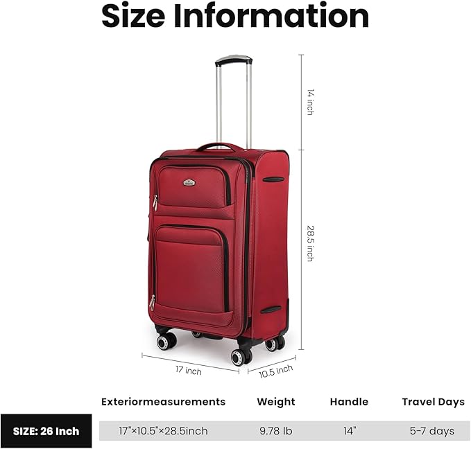 26" Luggage Softside Expandable 15% Checked Luggage with Double Spinner Wheels Combination LOCK,Lightweight Travel Suitcase for Men/Women（Red,26in）