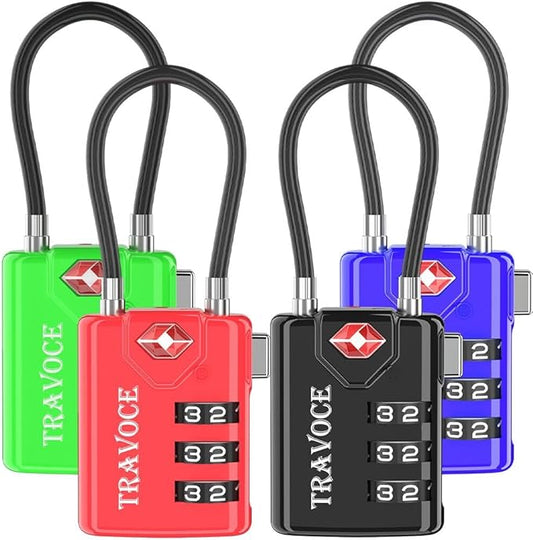 TRAVOCE TSA Approved Luggage Locks - Heavy Duty 3 Digit Combination Cable Lock, Search Alert for Suitcases, Backpacks, Golf Bags, Tents, Violin and Camera Cases (4 Colors)
