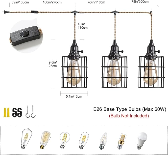3-Light Hanging Light with Plug in Cord,Plug in Pendant Light 22ft Hemp Rope Pendant Lighting Vintage 3-Light Hanging Lamp Fixtures for Kitchen Island Living Room Bedroom