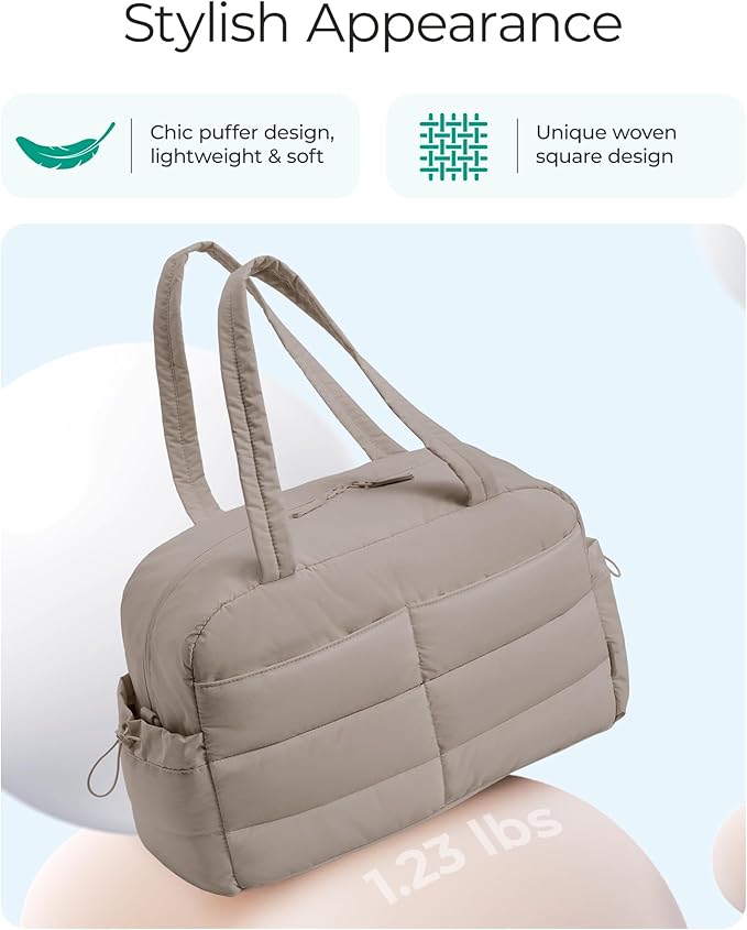 BAGSMART Gym Bag for Women, Lightweight Puffer Duffle Bag 2-PC Travel Bag, 31L Weekender Overnight Bag Quilted Carry On Tote Bag, Diaper Hospital Dance bag for Travel, Gym, Water Resistant, Camel