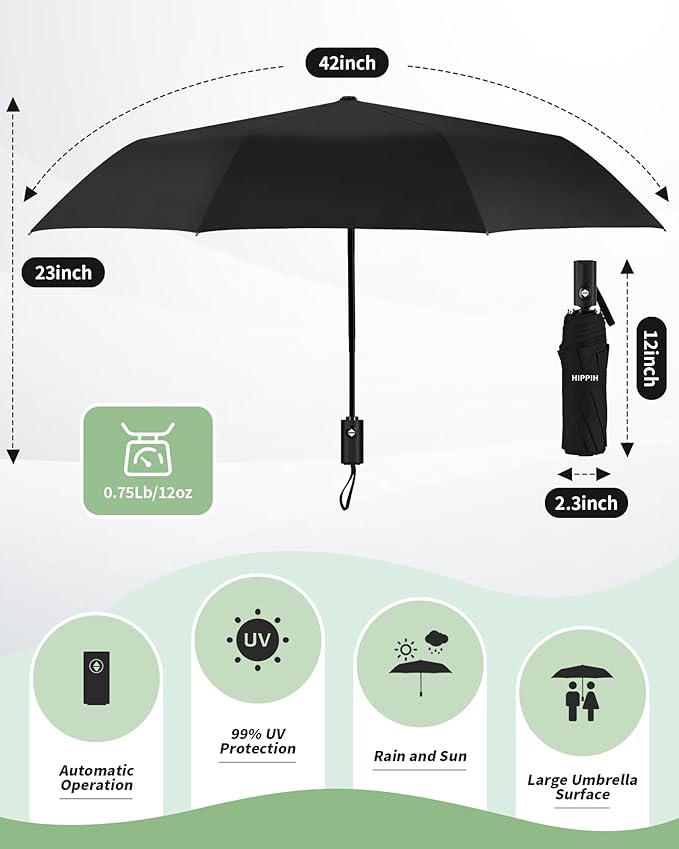 HIPPIH Compact Travel Umbrella for Rain - Windproof Automatic Umbrellas, UV Umbrella for Sun Protection with Black Anti-UV Coating, Portable Small Umbrellas for Backpack, Car, Walking, Kids, Women