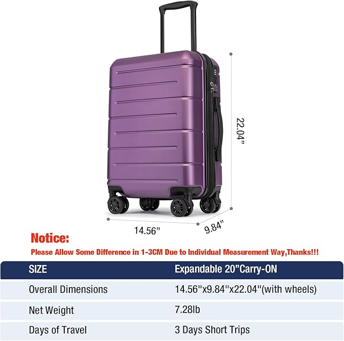 KYME Carry On Luggage 22x14x9 Airline Approved with TSA Lock Hardshell Expandable 20 Inch Luggage Carry On Suitcase with Wheels Small Travel Rolling Luggage with Cup Holder for Women Dark Purple