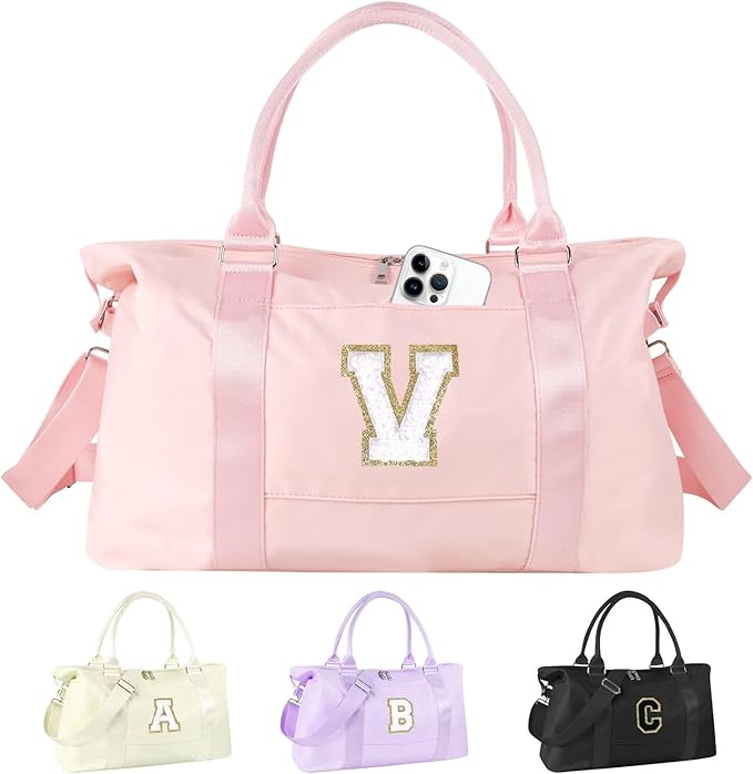 Dance Gym Duffel Bag for Teen Girls, Personalized Initial Travel Weekender Bag,Cute Overnight Carry On Duffle for Women,Sports Travel Cheer Bag,Monogram Christmas Gifts for Tween Preppy(pink-V)