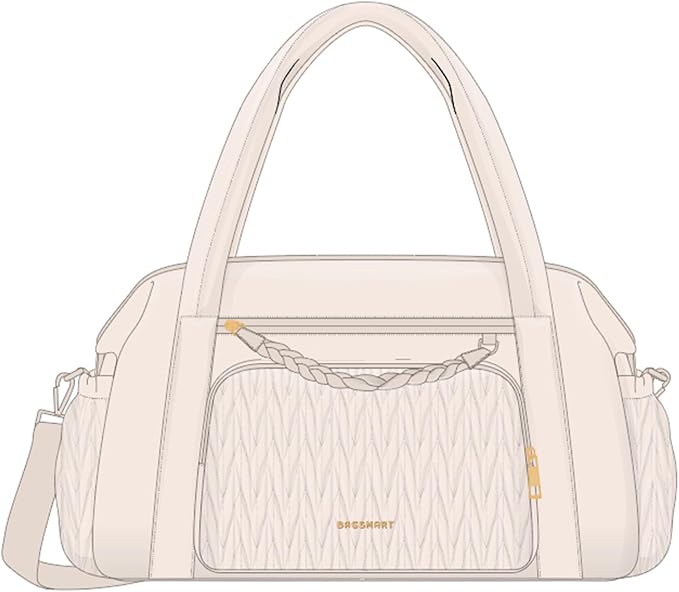 BAGSMART Quilted Duffle Bag for Women, Weekender Overnight Gym Travel Carry-On Bag, Beige