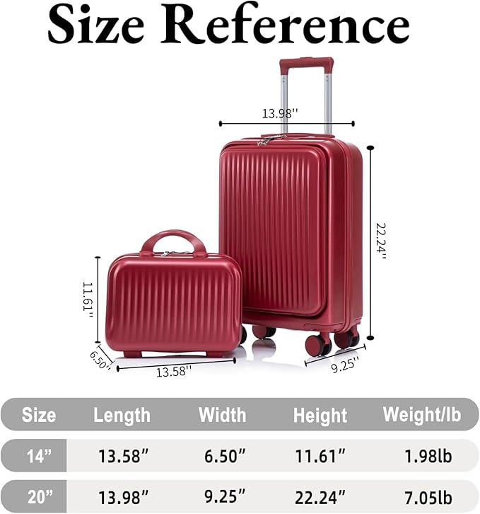 2 Pcs ABS Spinner Luggage Set - 14" Cosmetic Case & 20" Carry-On with Combination Lock, Front Opening Design, Red