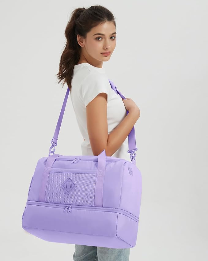 WANDF Travel Duffel Bag with Wet Pocket & Shoe Compartment, 18x14x8 Personal Item Bag with USB Charging Port, Water-Resistant Gym Weekender Overnight Carry-on for Women Men (Purple)