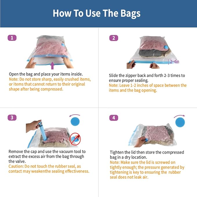 7 Pack Medium Space Saver Vacuum Storage Bags for Clothing Travel, Vacuum Seal Compression Bags for Clothes, Packing, Luggage, Blankets, Comforters and Pillows, Hand Pump Included