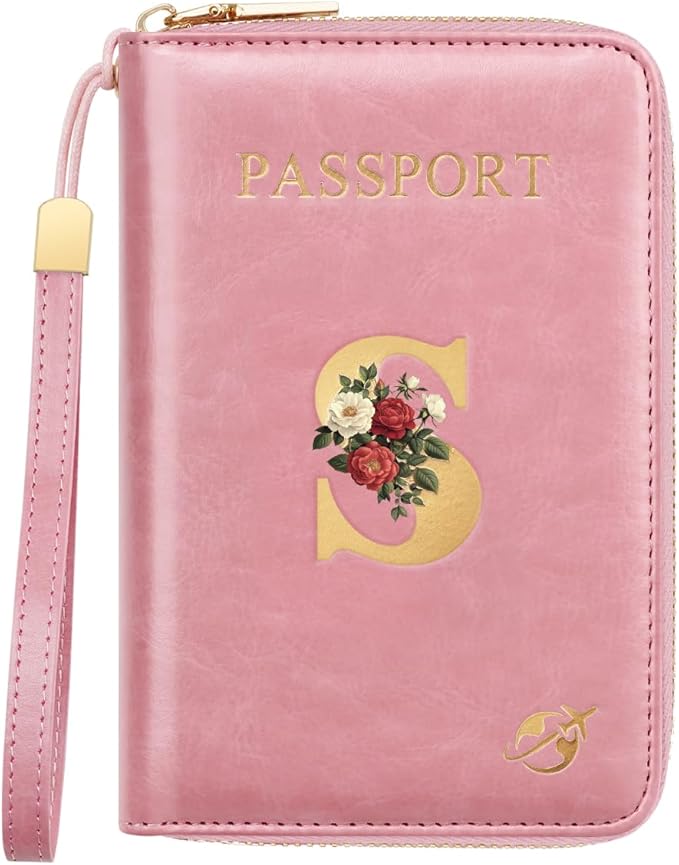 Passport Holder for Travel Personalized Passport Holder Initial Letter Rose Flower RFID Blocking Travel Wallets Credit Cards Holder for Women Men, Pink S