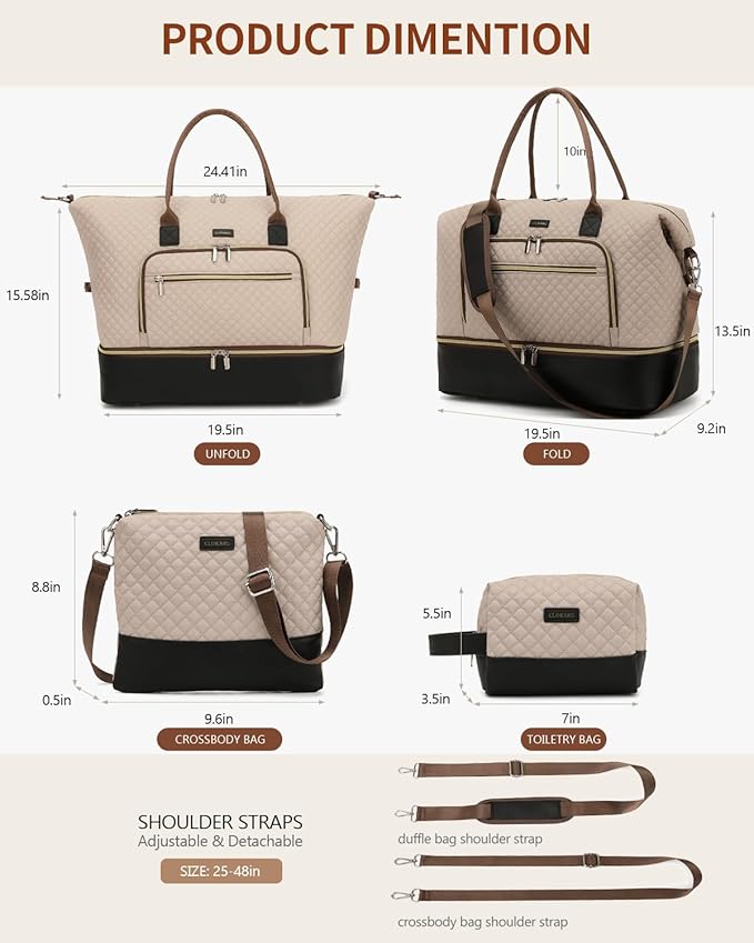 Duffle Bag for Women Travel, Weekender Bag Overnight Bag with Shoe Compartment, Carry on Bag with Crossbody Purse for Over Night, Weekend, Yoga, Gym, Business Trips, Hospital, Nude Black