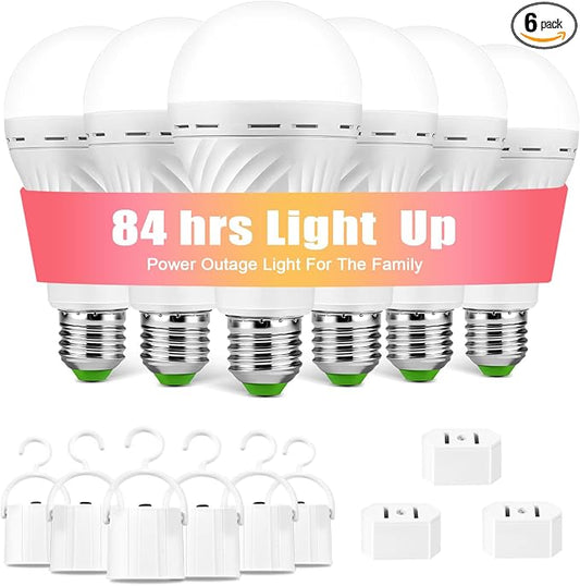 Rechargeable Emergency Light Bulbs, Battery Powered Light Bulb | 6Pack 6000K Daylight E26 12W 60W Equivalent with 1500mAh for Home Power Outage Camping Hiking( 6 Bulbs, 6 Hooks,3 Plug Caps)