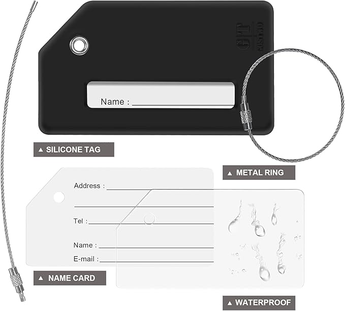 Gostwo 2 Pack Silicone Luggage Tags for Suitcases, 26 Initial Letter Baggage Labels Handbag School Bag Suitcase Instrument Tag with Stainless Steel Loop(Black)(Letter E)