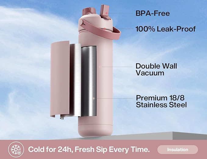 POWCAN 26 oz Insulated Water Bottle with 2-in-1 Straw and Spout Lid, Keep Cold 24H, Leak-Proof, Fits in Car Cup Holder, Stainless Steel Water Bottle for Gift, Holiday, Travel and School (Sweet Rosy)
