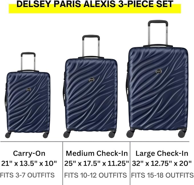 DELSEY PARIS Alexis Durable Luggage Set, Expandable & Lightweight 4-Wheel Spinners, Easy Grip handles for Smooth Journeys, TSA-Lock Incorporated, Men and Women, Navy, 3-Piece Set (21"/25"/29")
