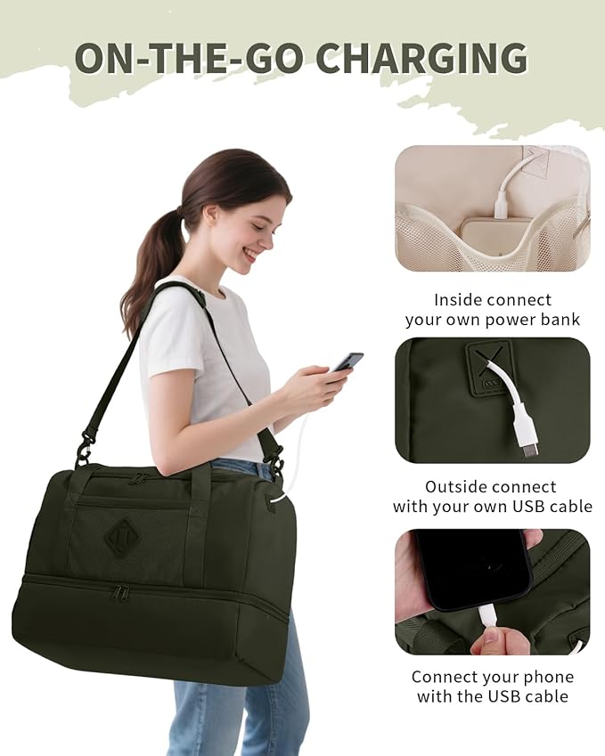 WANDF Travel Duffel Bag with Wet Pocket & Shoe Compartment, 18x14x8 Personal Item Bag with USB Charging Port, Water-Resistant Gym Weekender Overnight Carry-on for Women Men (Army Green)