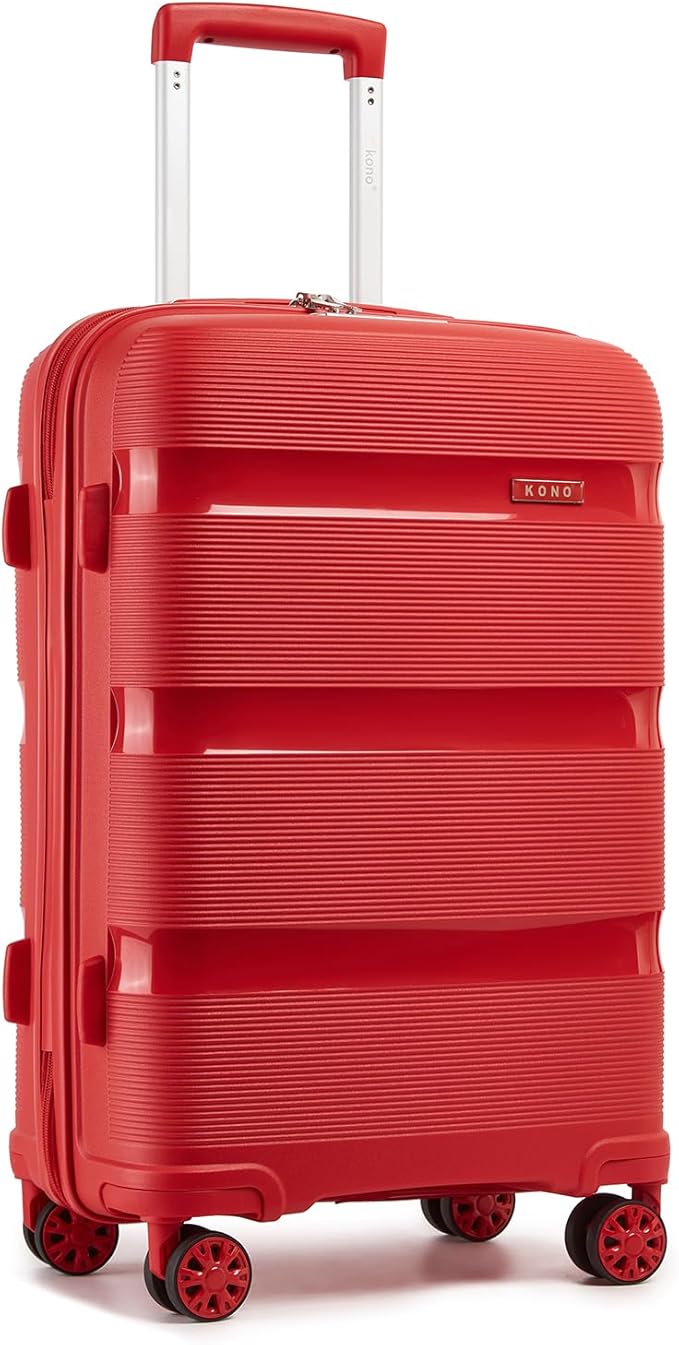 Kono Carry On Luggage 24 Inch Checked-Medium Hard Shell Travel Trolley 4 Spinner Wheels Lightweight Polypropylene Suitcase with TSA Lock, Red