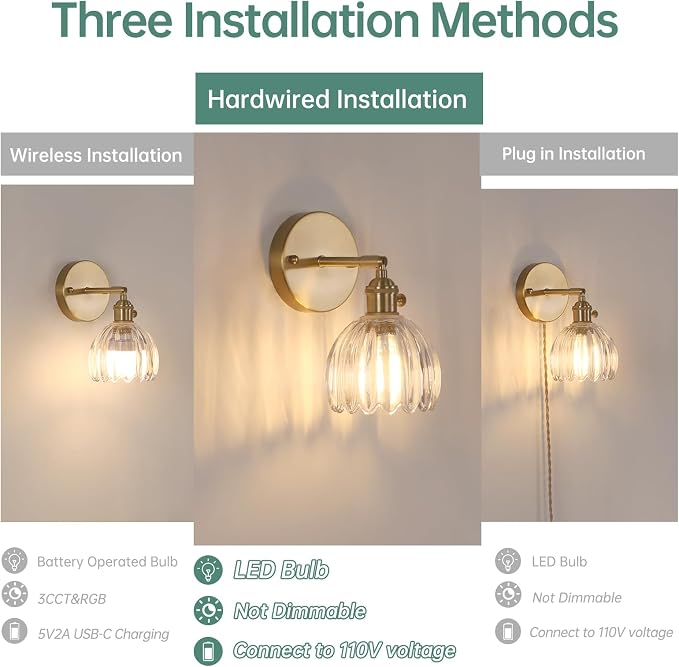 Shenmoyl Vintage Wall Sconces with Transparent Tulip Glass Lampshade 180 Degree Adjustable Brass Sconces Hradwired Modern Wall Lighting Fixture with Switch for Bedside Bedroom Doorway