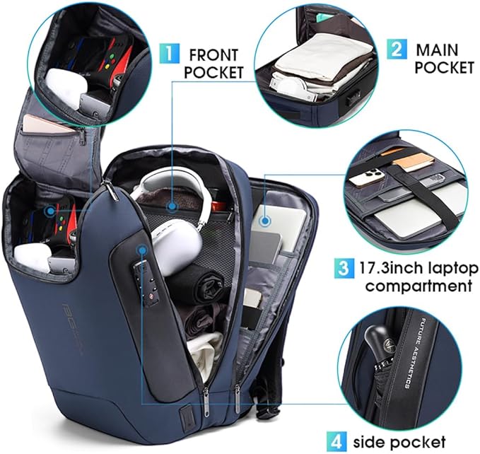 BANGE Mens Business Backpack for Work, Computer Backpacks for Laptops for 17.3 Inch, Men's Backpack with Lock Anti Theft, Backpack for Traveling with USB charging Port