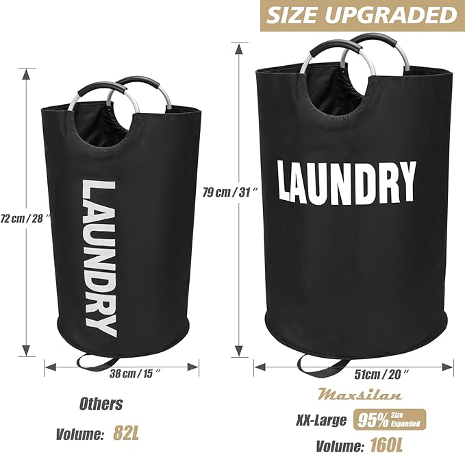 160L XX-Large Laundry Basket, Freestanding Tall Clothes Hamper, Collapsible Laundry Bag, Black
