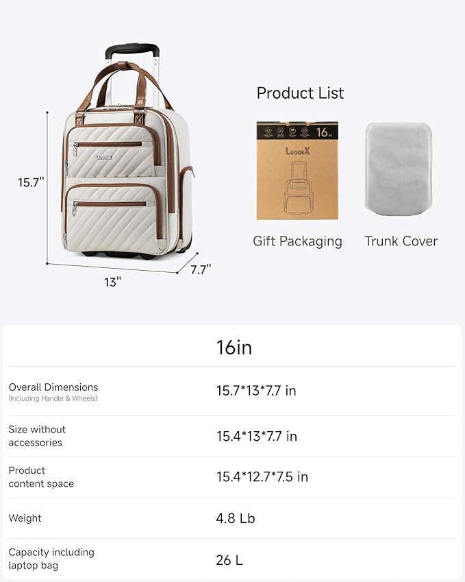 LUGGEX Underseat Carry On Luggage with Wheels, UDK Stylish Lightweight Under Seat Luggage, Soft Sided Personal Item Suitcase for Short Trip (UX-Core, Cream White, 16 Inch)
