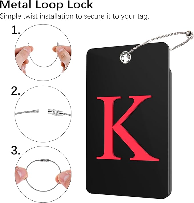 Gostwo 2 Pack Luggage Tags for Suitcases, 26 Initial Letter Travel Luggage Baggage Identification Labels ID Tag Fully Bendable Tags with Stainless Steel Loop (Black) (Letter K)