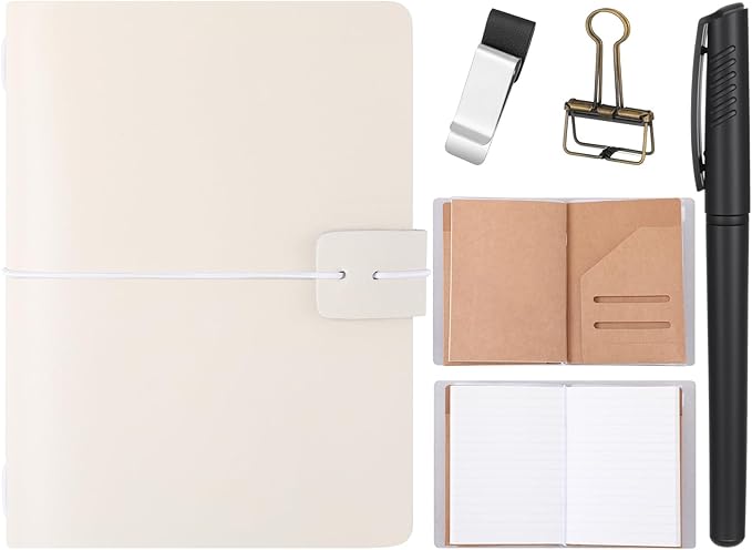 Thenshop Travelers Refillable Leather Journal Notebook Travel Diary Handmade Passport Travelers Journal for Men and Women with 3 Notebook Inserts, Pen Holder, Binder Clip(White,Passport Size)
