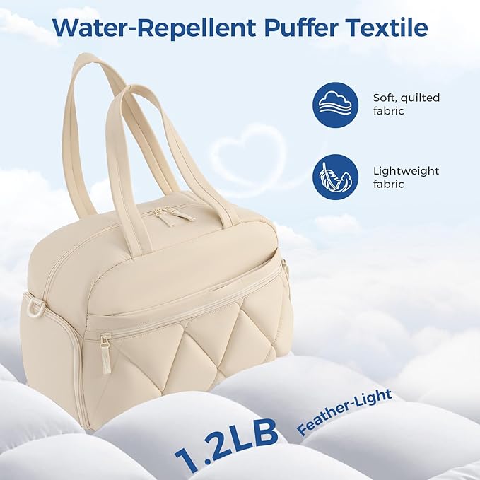 Gym Bag for Women, Puffer Travel Duffle Bag With Shoes Compartment & Wet Pocket, Carry On Tote Bag For Weekender, Overnight, Sport duffel bags for traveling (Beige, Medium)