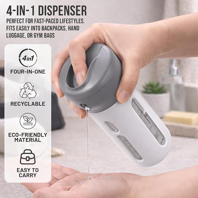 Travigo 4-in-1 Travel Dispenser Bottle, TSA Approved, Leak Proof, Four Reusable 1.4 oz. (40 mL) Toiletry Containers for Shampoo, Conditioner, Soap, Lotion, Skincare (Gray)